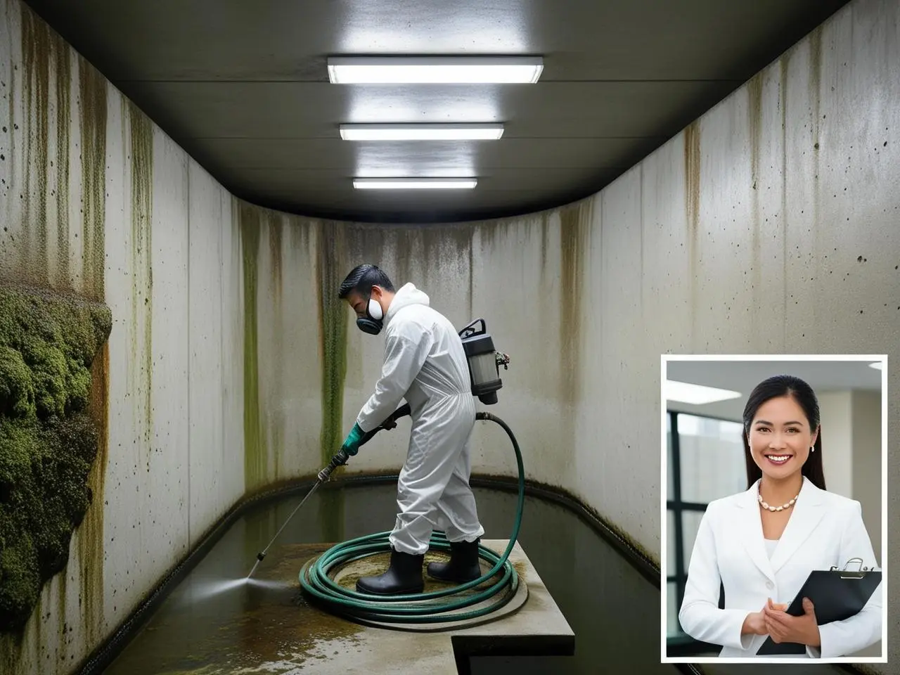 Apartman Su Deposu Temizliği ve Uygun Fiyat Garantisi Temizlik yapılan apartman su deposunun yanında memnun apartman yöneticisi