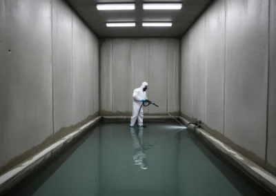 Büyük beton bir su deposunun içinde tazyikli suyla temizlik yapıyor, hijyenik su için hazırlık tamamlanıyor