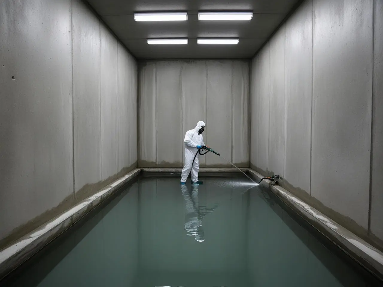 Su Depo Temizliği ile Sağlıklı Su Büyük beton bir su deposunun içinde tulumlu personel tazyikli suyla temizlik yapıyor, hijyenik su için hazırlık tamamlanıyor