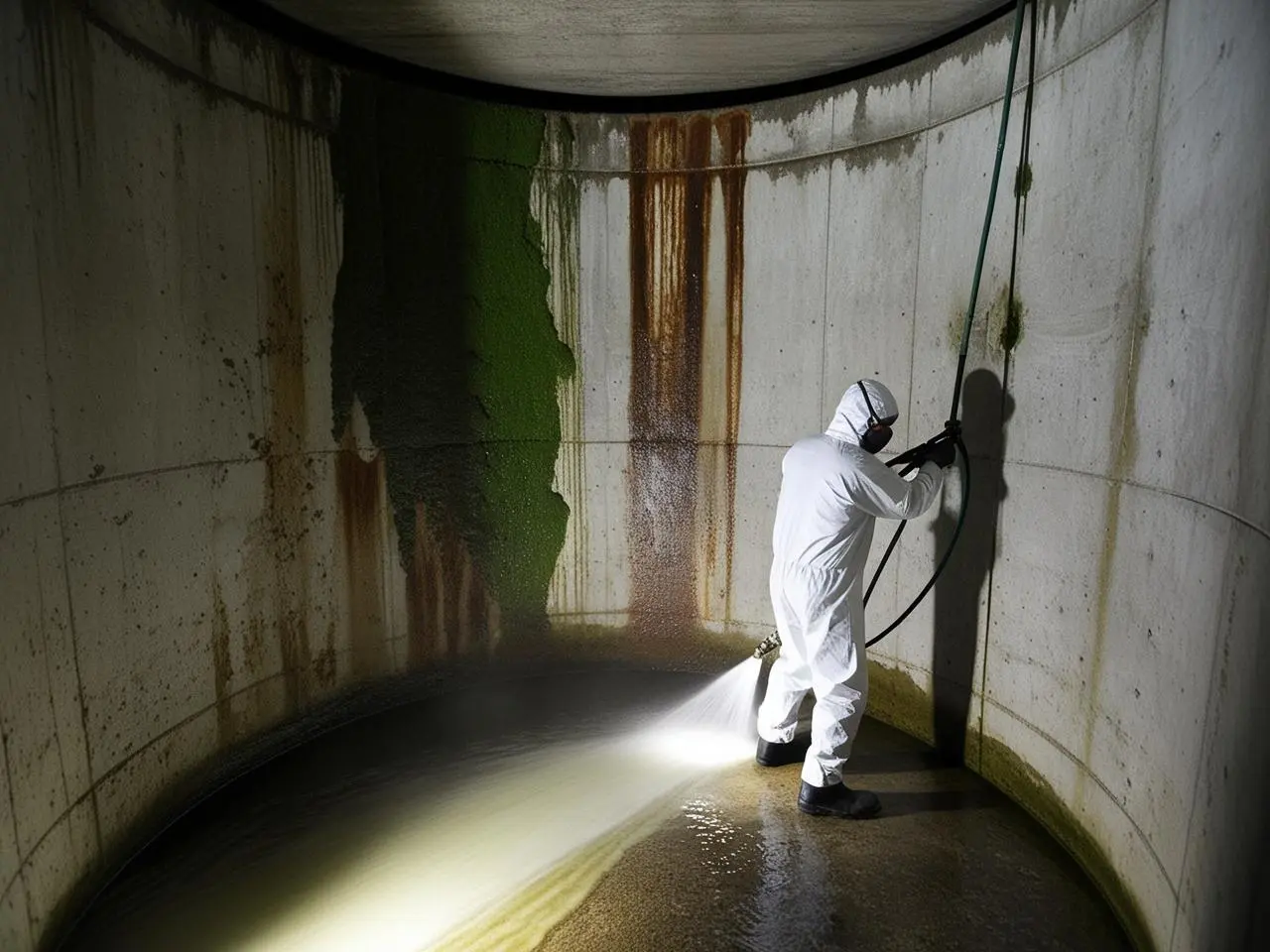 Su Depolarının Temizliği Neden Hayati Öneme Sahiptir Yosun ve pasla kaplanmış bir su deposunun iç yüzeyini tulumlu görevli tazyikli su ile temizliyor